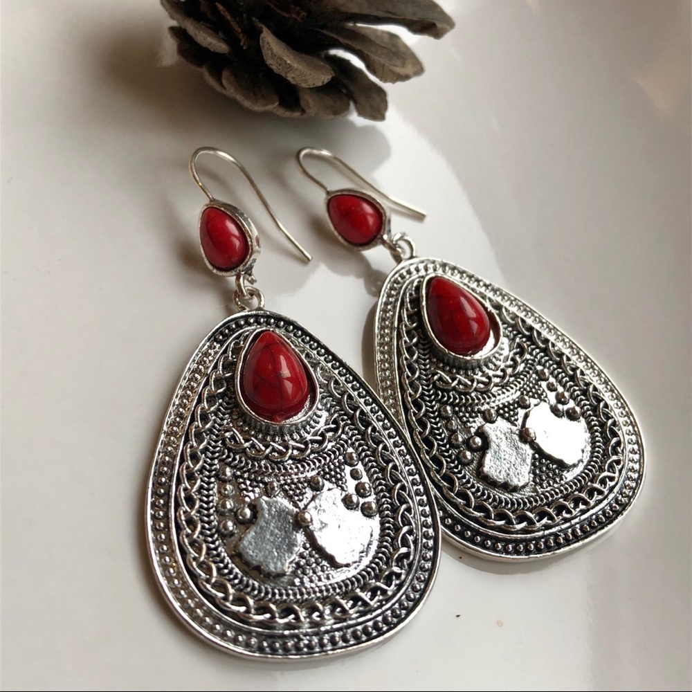 Silver & red stone boho dangly earrings